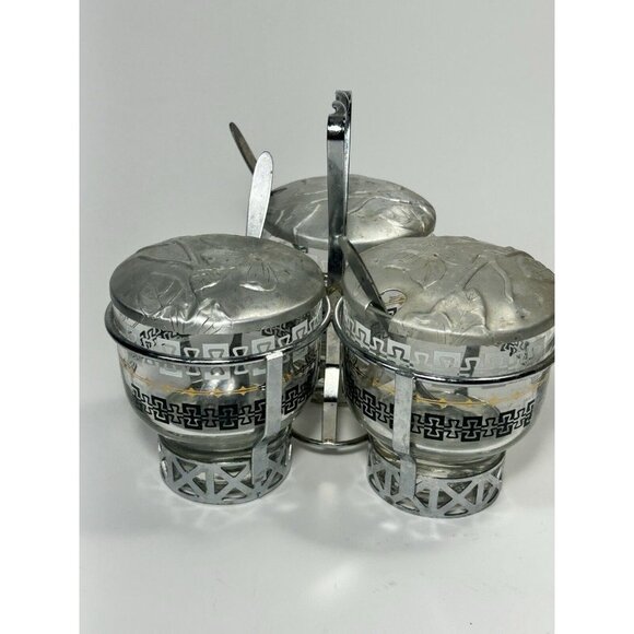 MCM Vtg Libbey Silver Appetizer Condiment Serving Caddy 3 Glass Bowls Lids Spoon - Picture 1 of 7